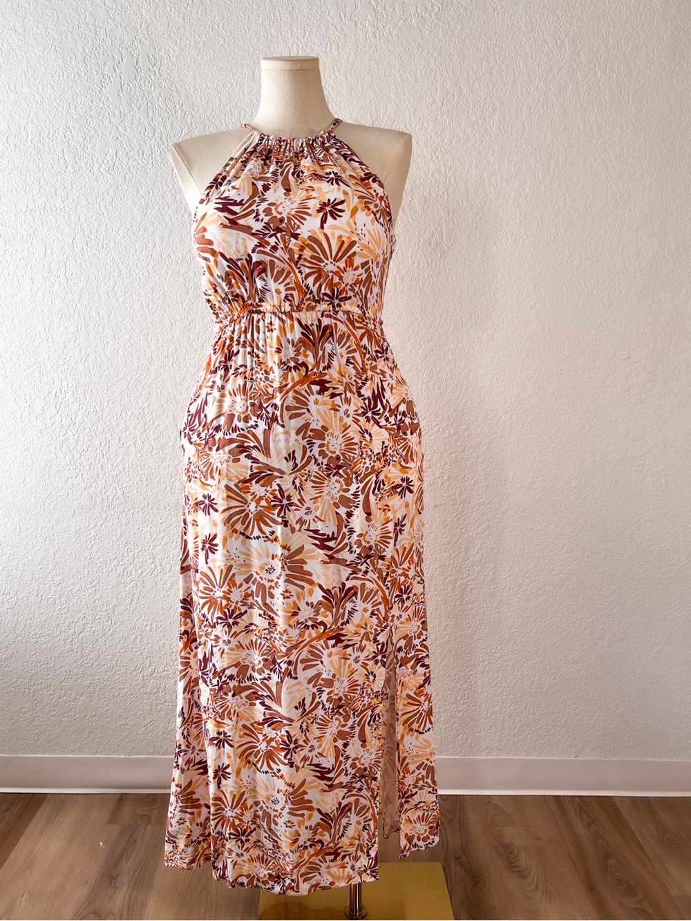 Joie Cream Maxi Dress with Rust & Brown Floral Print